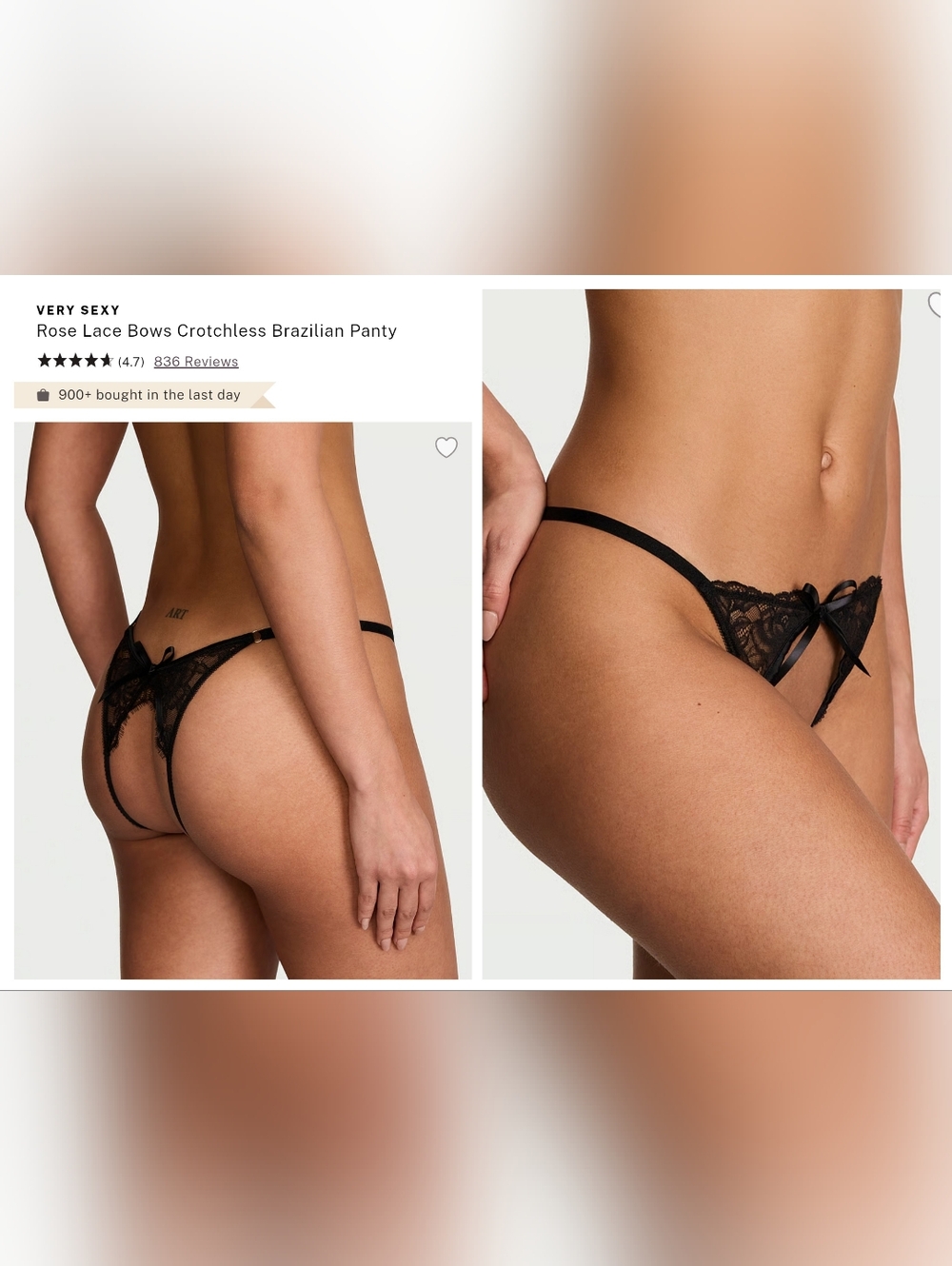 Victoria's Secret Very Sexy Rose Lace Bows Crotchless Panty XXL BLACK